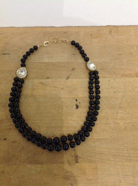 2 Strand Black Bead w/Rhinestones Necklace