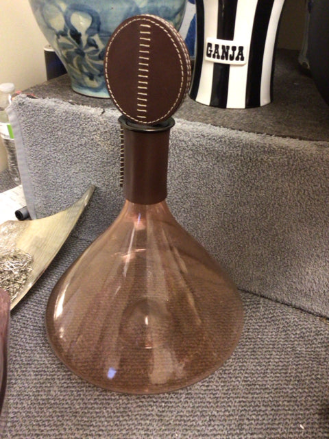 Light Purple Glass Decanter W/Leather Wrapped Standing Oval Top