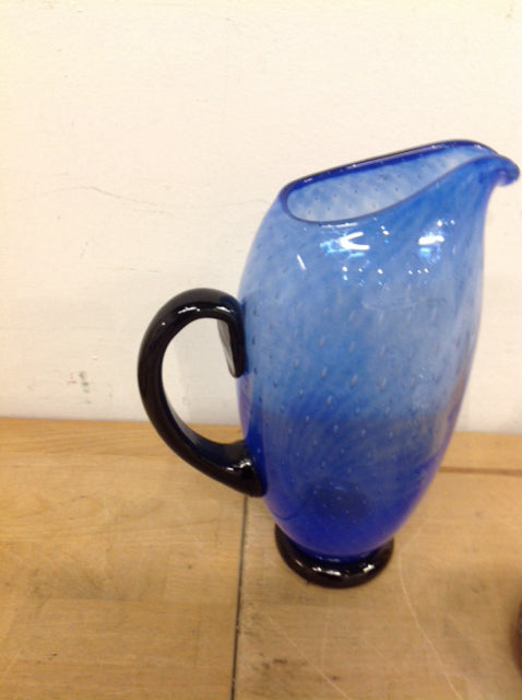 10" Blue Seeded Glass Pitcher