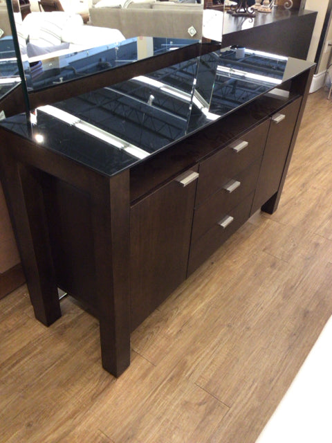 Casana Dark Wood Glass Top Three Drawer/Two Door Buffet