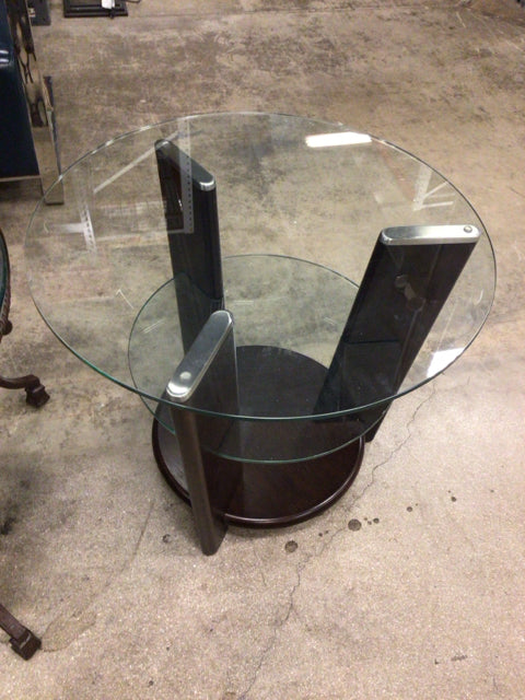 26" Two Tier Round Glass Top Wood End Table