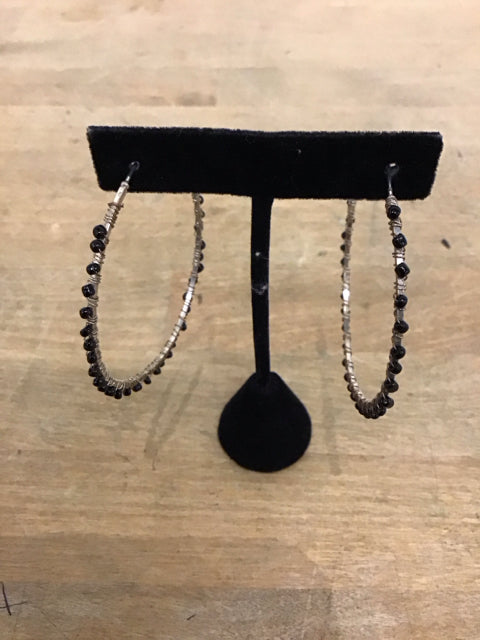 Black Beaded Silver Hoop Earrings