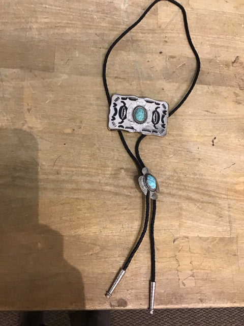 2 PC Silver/Turquoise Bolo Tie & Buckle Set