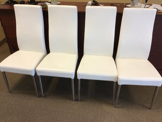 Set Of 4 White Leather Like Dining Chairs W/Chrome Legs
