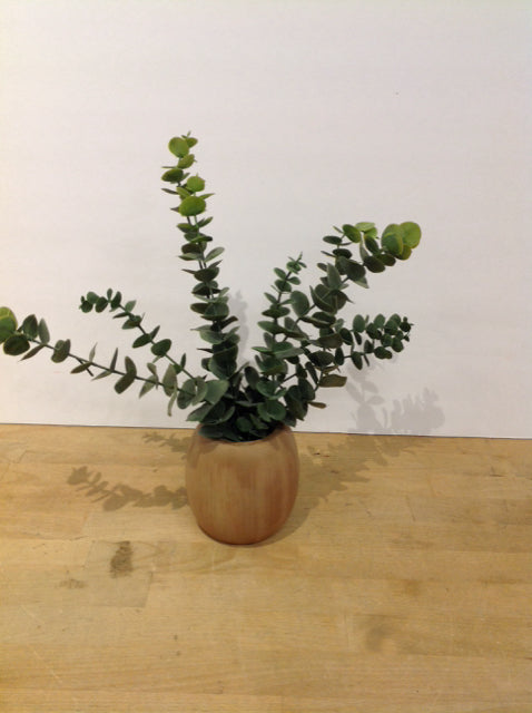 11" Round Wood Vase w/Artificial Plant