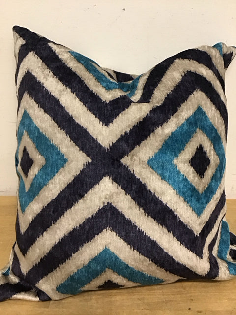 22" Aqua Navy Taupe Concentic Diamond Pattern Pillow