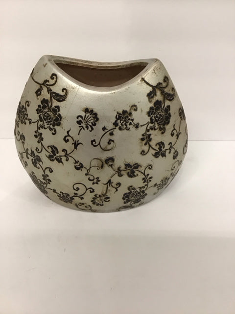 7" Silver Ceramic Vase w/Floral Decor