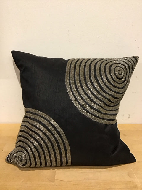 18" Black W/Circular Silver Sequin Down Filled Pillow