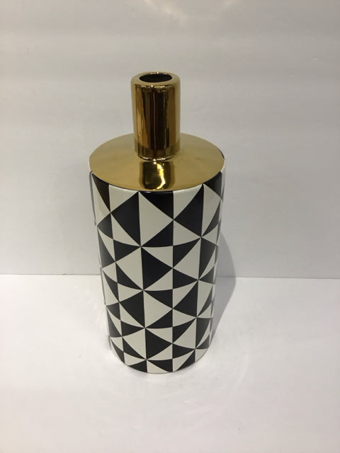 Black/White Painted Ceramic Vase w/Gold Top