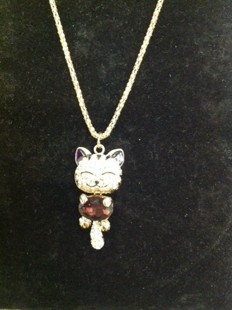Gold Cat w/Rhinestones Necklace