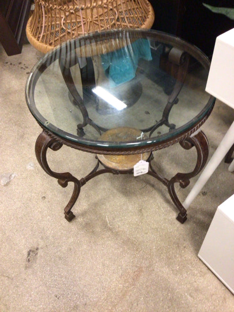 Round Metal Glass Top Stone Bottom End Table