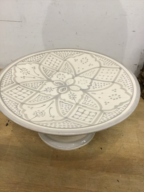 11.5" Round White & Gray Ceramic Footed Cake Stand