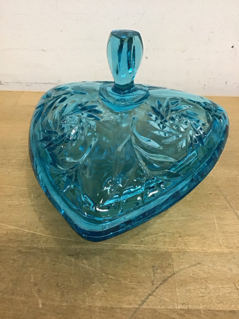 8" Aqua Lidded Cut Glass Bowl