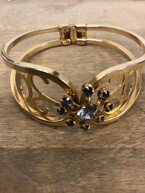 Goldtone Hinged Floral Crystal Bangle Bracelet