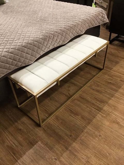 White Leather & Brushed Gold Metal Bench
