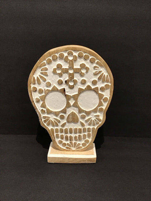 White Painted Wood Skulls on Base