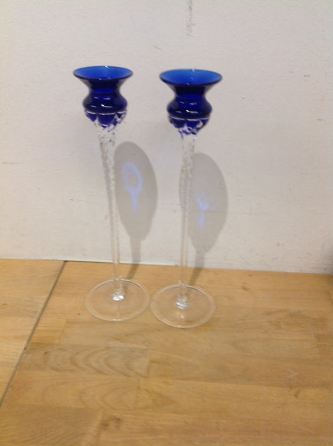 Candle Holder- 12" Pair Of Colbalt Glass