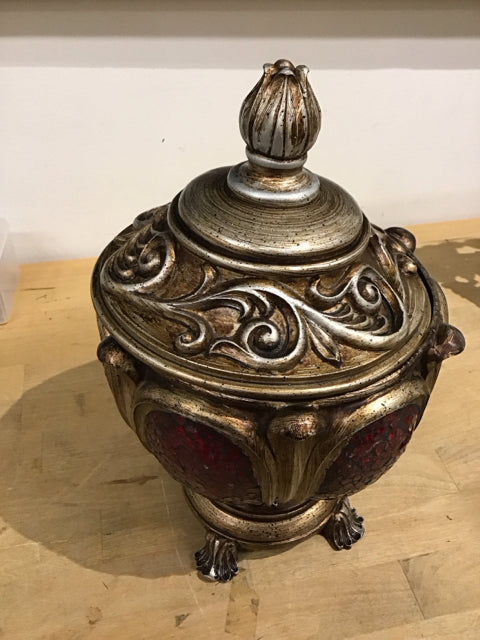 13" Gold & Red Mosaic Resin Urn W/Lid