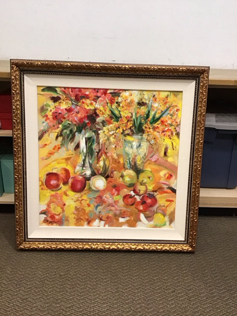 39" Sq Framed Still Life w/Fruits & Flowers Oil Painting