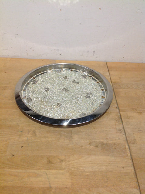 14" Round Crackled Mirror Mosaic Tray