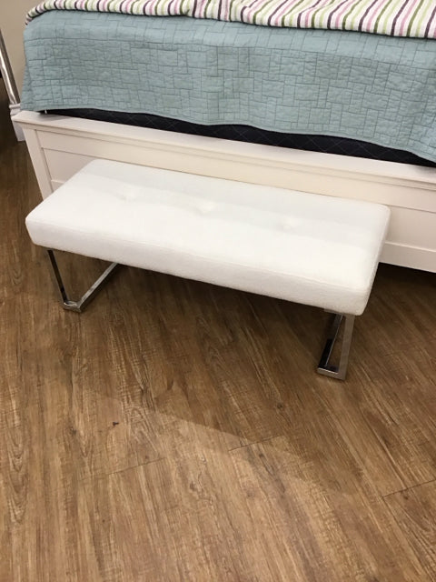 White Boucle Upholstered Chrome Bench