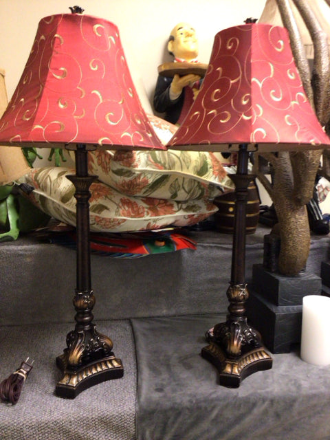 Pair Of Buffet Table Lamps W/Red Shades