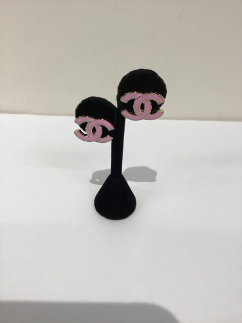 Chanel Style Gold Pink Enamel Earrings