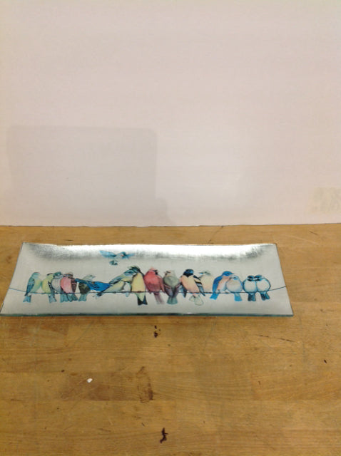 18" Painted Birds & Enamel Glass Tray
