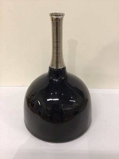 13" Glossy Black Bulbous Vase w/Ribbed Chrome Neck
