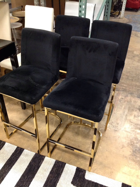 Set/4 Black Upholstered Bar Stools w/Yellow Chrome