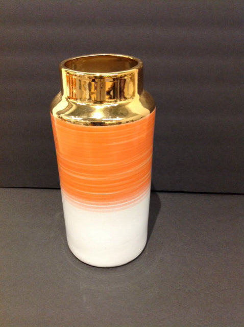 11" White/Orange Ceramic Brass Tone Vase