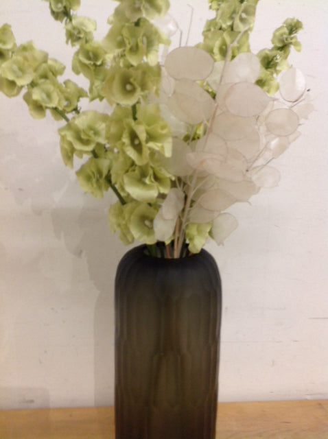 16" Smoke Glass Vase W Green Flowers