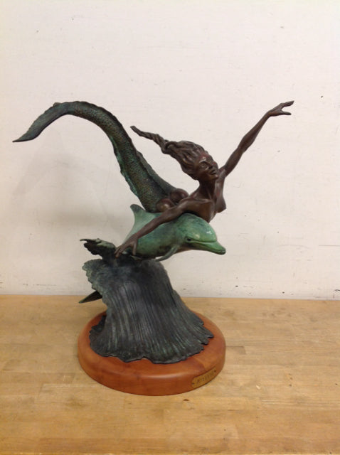 24" "Joyeuse" Dolphin/Mermaid Bronze/Marble Sculpture