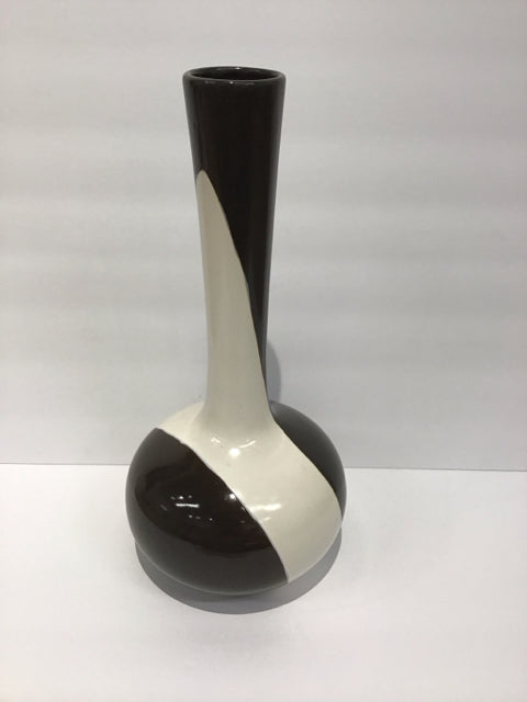 14" Brown/White Ceramic Vase w/Narrow Top