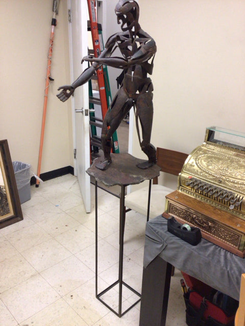 AS-IS Metal Man Sculpture Stone Base W/Metal Stand