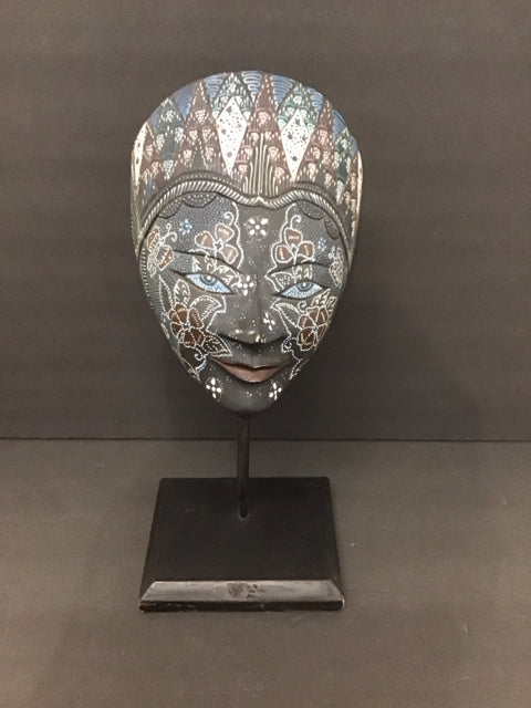 17" Painted Wood Mask on Stand