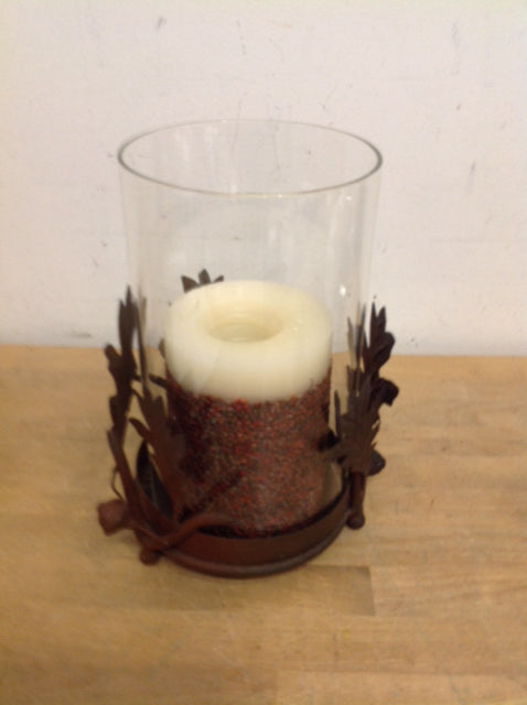 Candle Holder- 11" Metal Leaf & Glass Hurricane