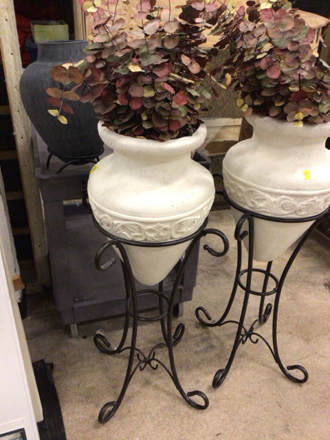 41 1/2" Cream Ceramic Urn On Metal Stand W/Faux Floral