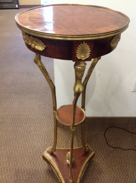 2 Tier Wood Inlaid Brass Plant Stand