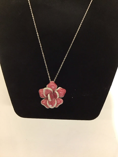 Silver Necklace w/Pink Enamel Rose Pendant