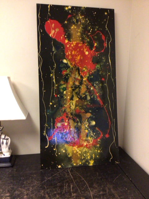 24" X 48" Black/Red/Gold "Neo Universe" Mixed Media On Board