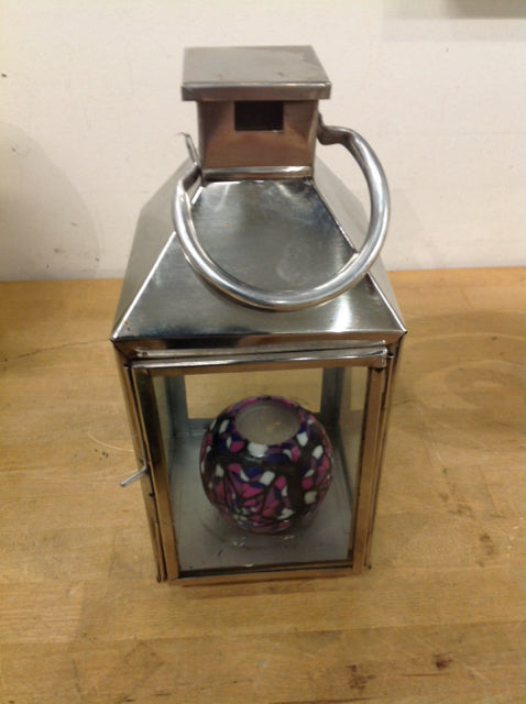 12" Silver Metal & Glass Lantern