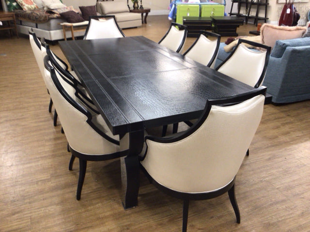 Set Of 8 Baker Cream Faux Skin Upholstered Black Wood Dining Chairs