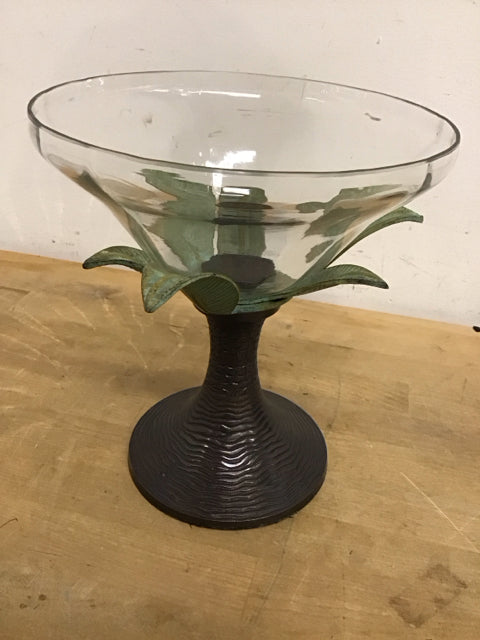 9" Glass Metal Footed Palm Tree Bowl