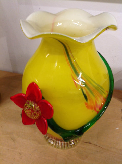 Vase- 10" Yellow Art Glass Flower