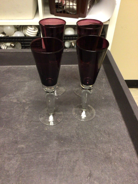 9 1/2" Set Of 4 Purple/Clear Wine Glasses