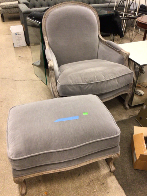 RH Light Wood Grey Fabric Arm Chair & Ottoman