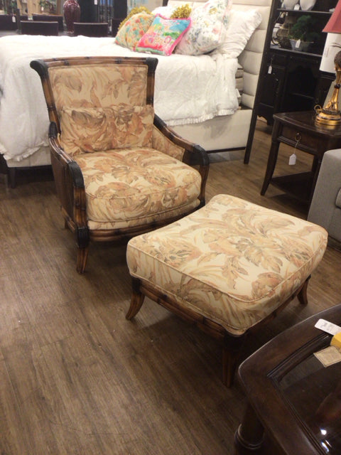 RTG Cindy Crawford Floral Pattern Fabric & Wood Arm Chair & Ottoman