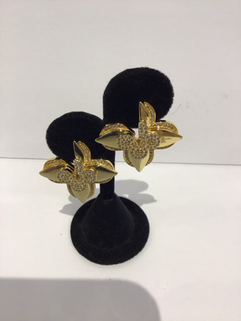 LV Style Gold Flower Earrings w/Rhinestones