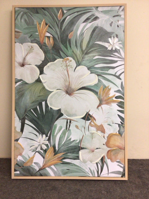 35" X 23" Light Wood Framed Floral Print On Canvas